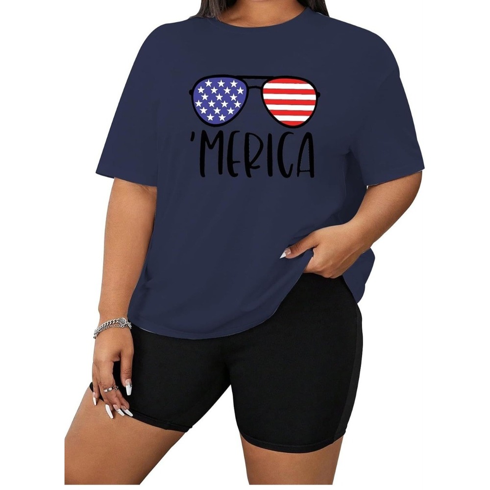 Womens 4x Merica T Shirt Blue Patriotic American Flag 4th of July Summer